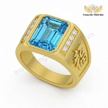 Nhẫn Chữ Phúc Đẹp Sang Trọng Cho Nam Mặt Đá Topaz Xanh